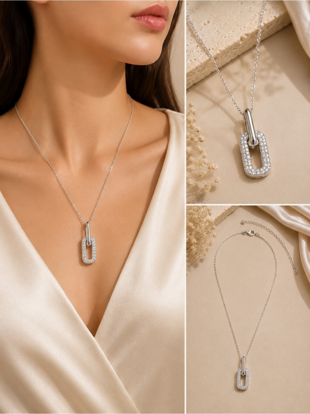 Sparkling Silver Tone Rhinestone Link Pendant Necklace - Picture 1 of 3